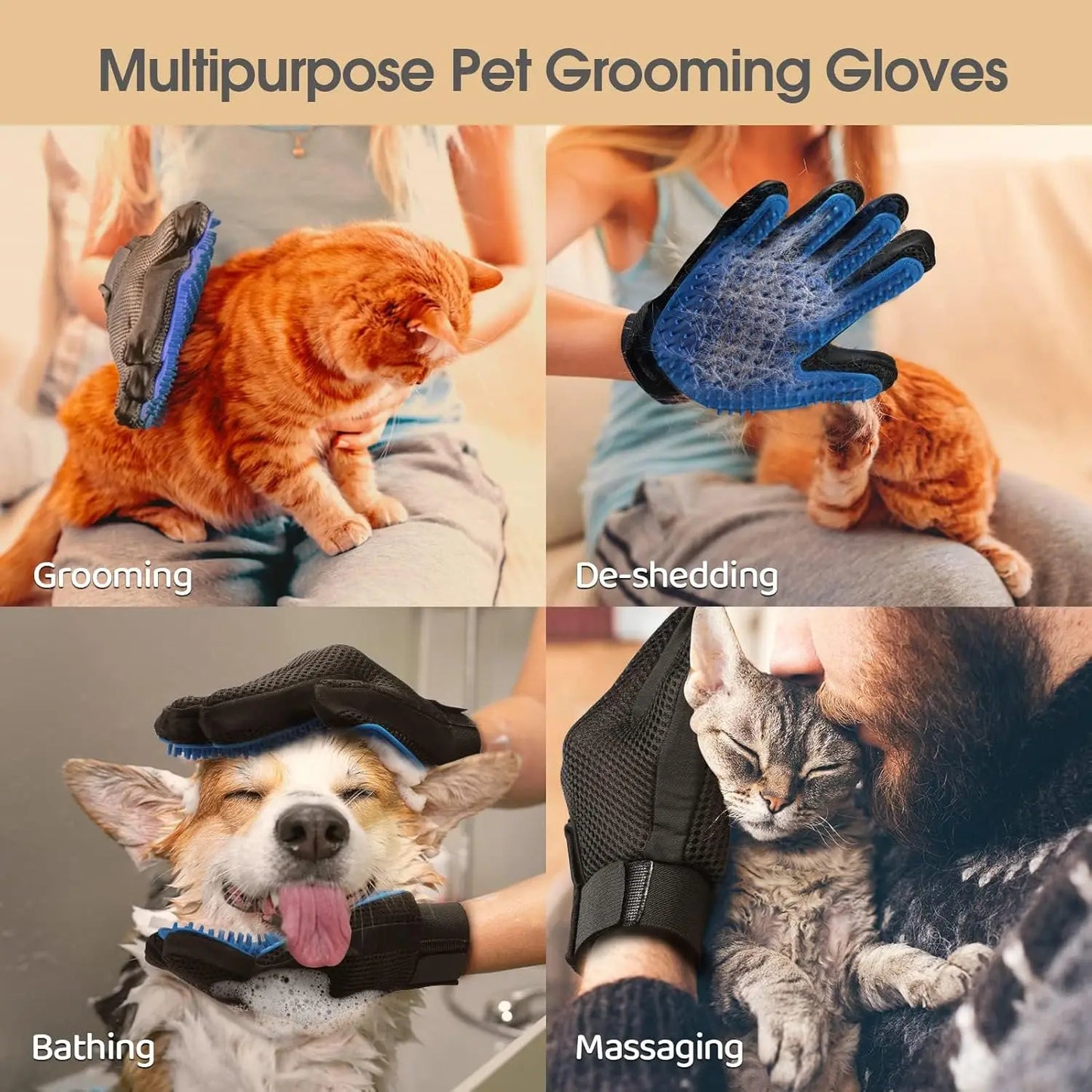 Pet Hair Remover Gloves – Gentle Shedding Brush for Dogs, Cats & Horses with Long or Short Hair – Blue, 1 Pair