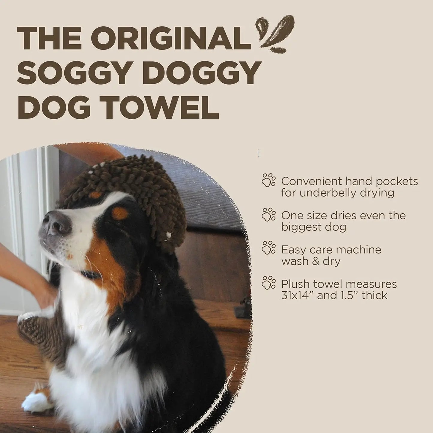Ultra Absorbent Microfiber Chenille Dog Towel with Hand Pockets, Quick Drying, Machine Washable, 31" x 14"