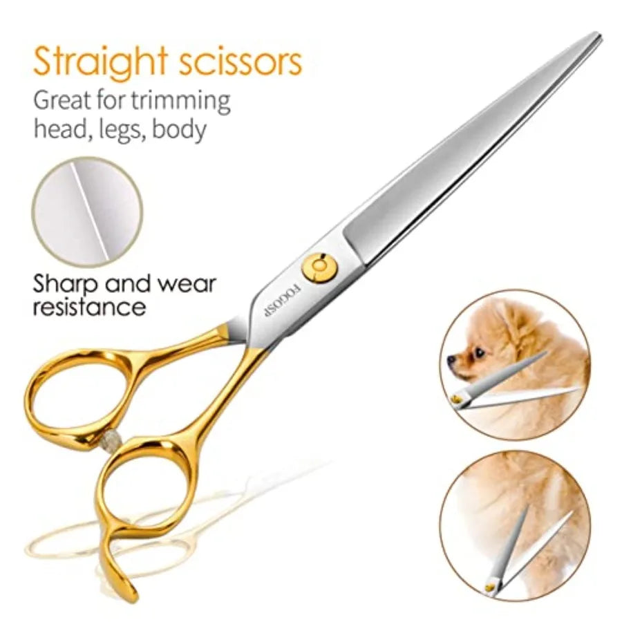 Dog grooming scissors kit for professional pet care: 7-inch curved, thinning, straight, and chunker shears in gold finish
