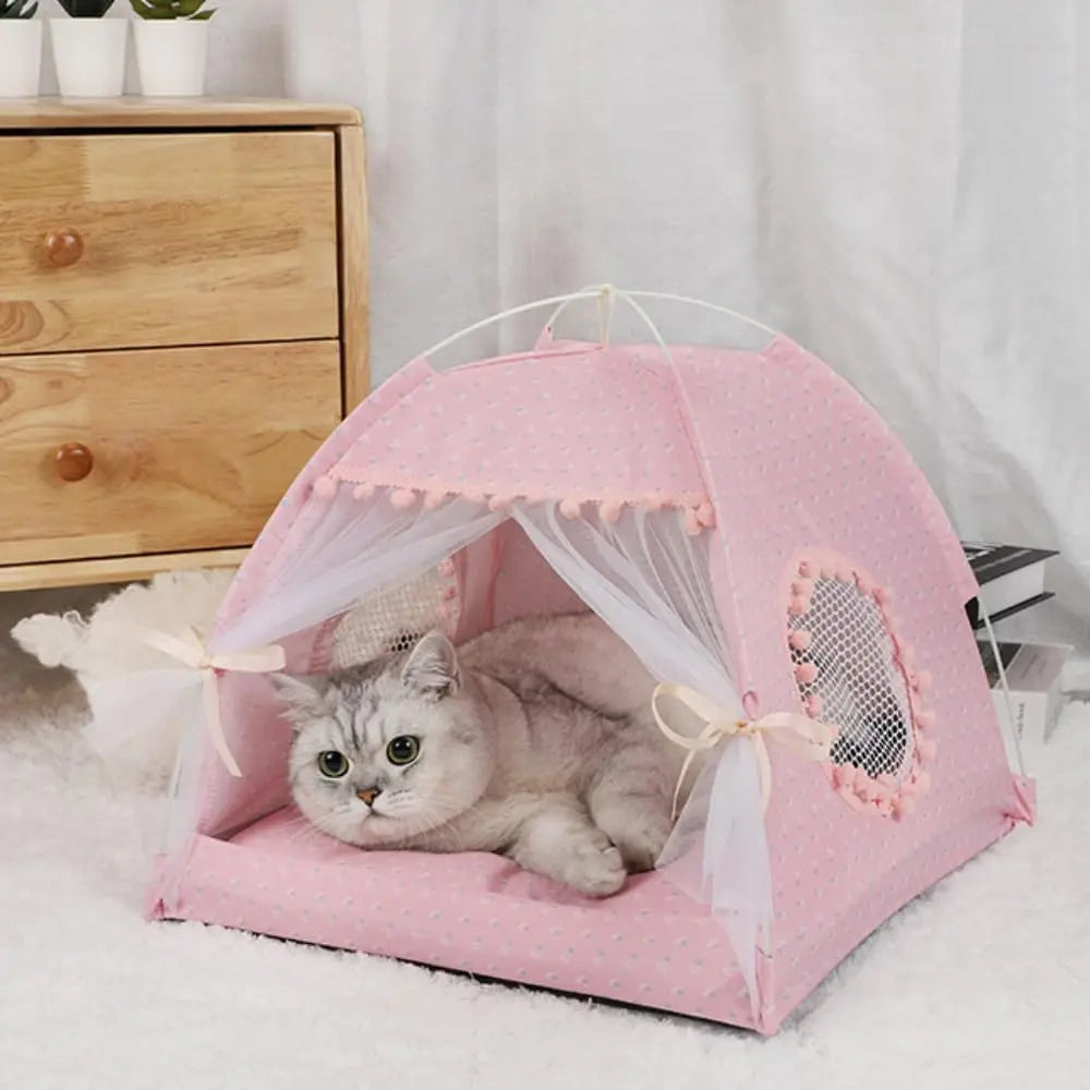 Selena Cat Bed Tents Dog House Indoor Outdoor Lace Mesh Breathable Windows Door Curtains Removable Portable Nest Teepe House (Small,Pink(Ruffled Teim))