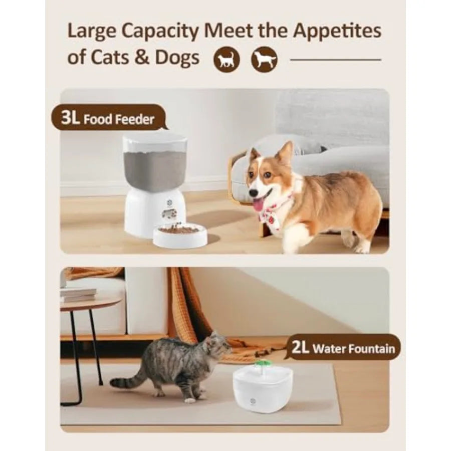 Automatic Cat Feeder with 3L Dry Cat Food Dispenser and 2L Water Fountain Timed Dog Feeder with Portion Control and Daily Meals