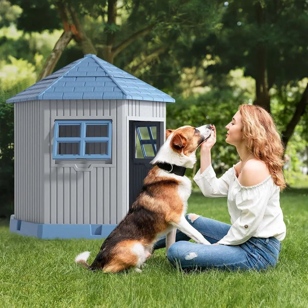 Dog House Indoor Outdoor Durable Large Dog Shelter with Outside Dog Kennel with Window and Elevated loor or Small Medium Dogs
