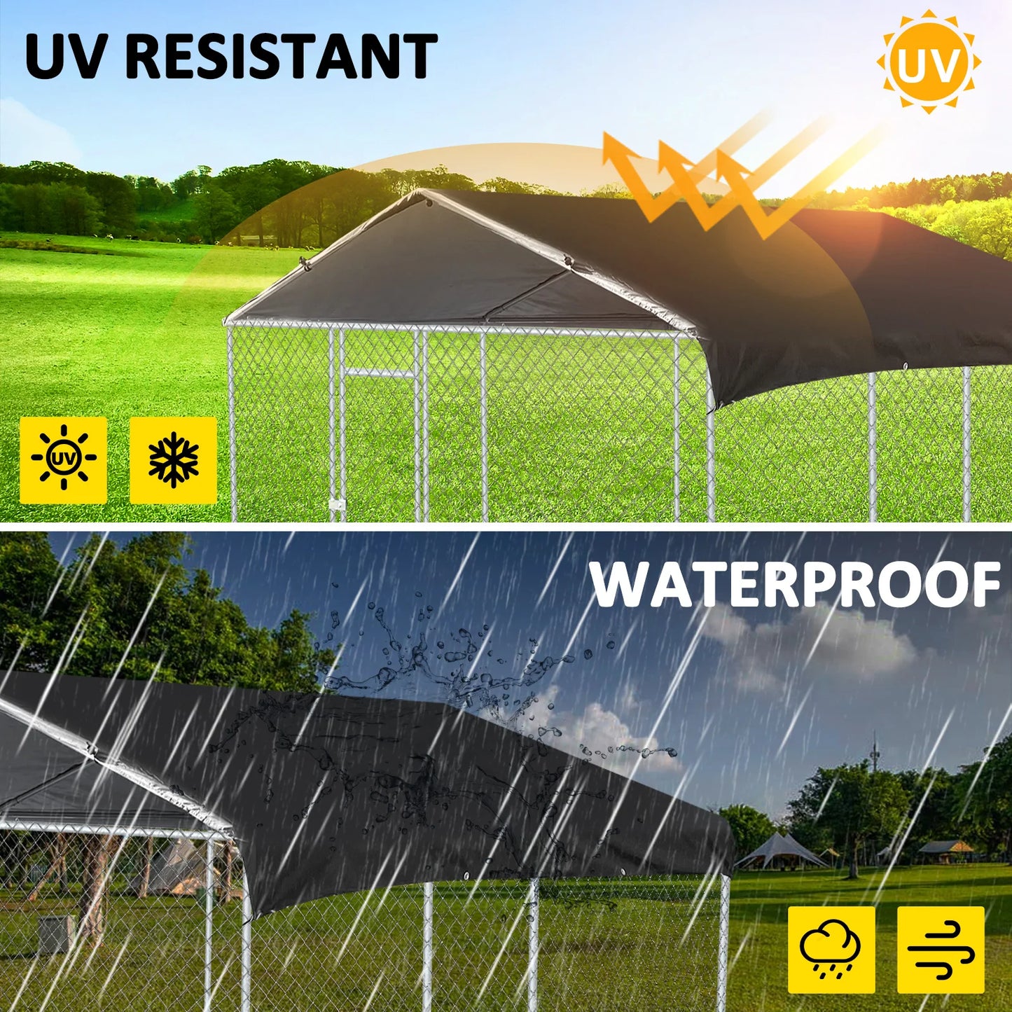 Heavy Duty Metal Outdoor Dog Run Kennel, Large Pet Playpen Enclosure with Roof Shade Cover, Sturdy Anti-rust Dog Cage House