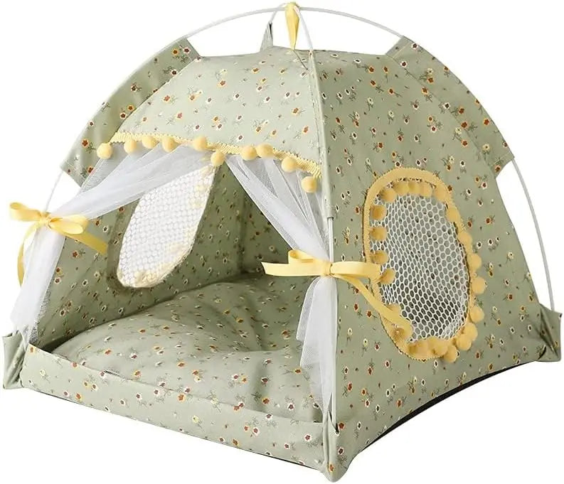 Selena Cat Bed Tents Dog House Indoor Outdoor Lace Mesh Breathable Windows Door Curtains Removable Portable Nest Teepe House (Small,Pink(Ruffled Teim))