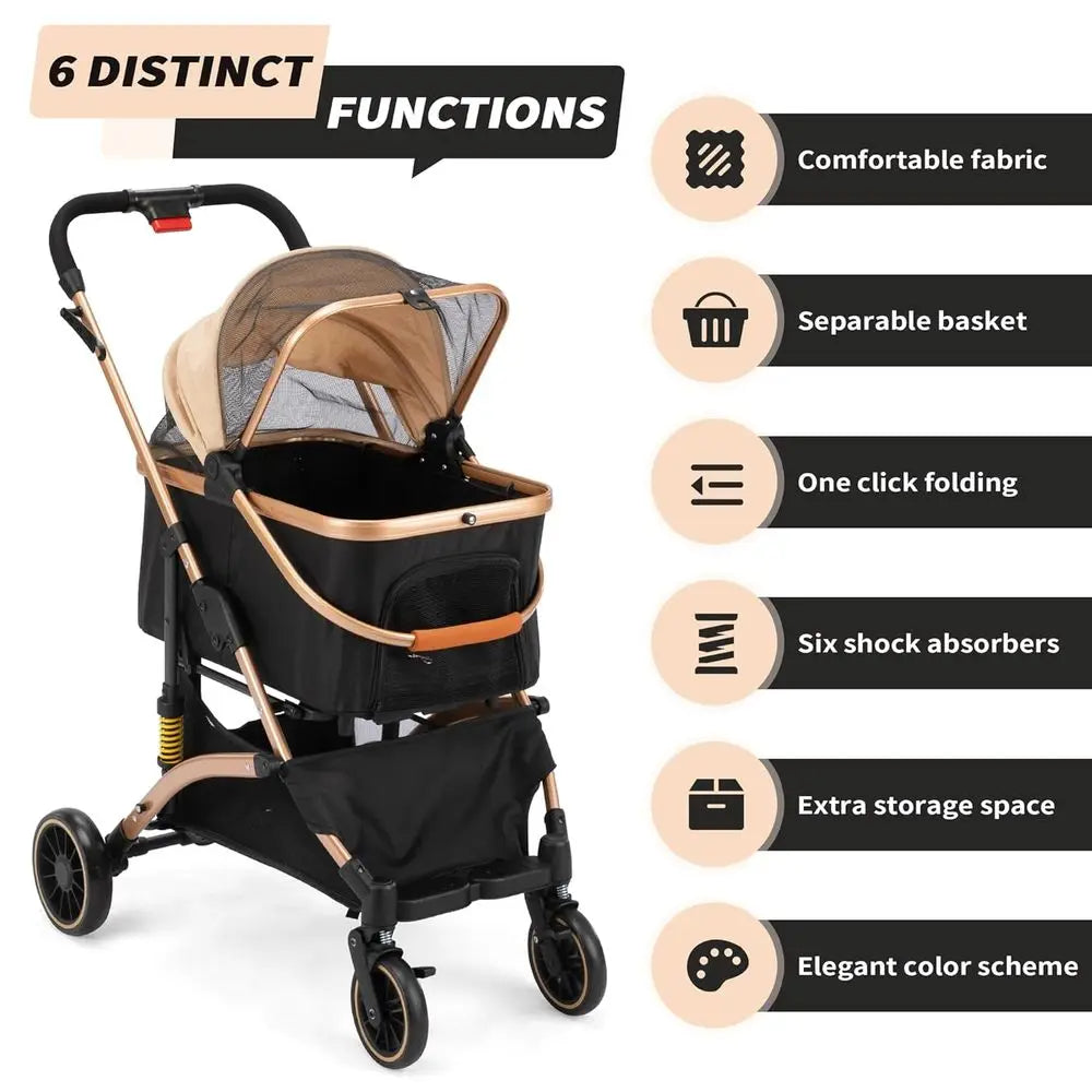 Dog Stroller or Pets, One Hand old Puppy Stroller with 6 Shock Absorbers, Removable Cabin & Storage Basket, 4 Wheels Dual Brakes