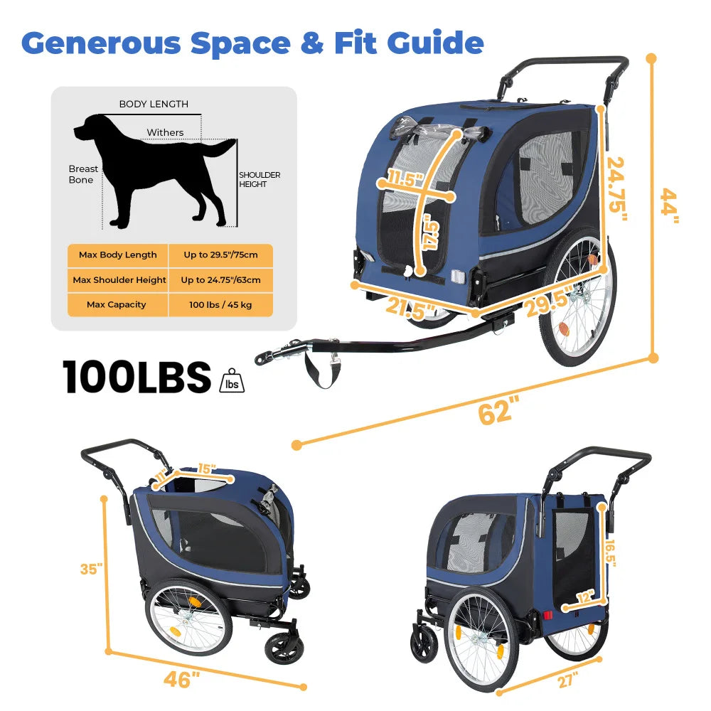 2-in-1 Bike Trailer & Pet Stroller for Dogs up to 100lbs, Foldable Large Dog Carrier Cart with 20 Inch Air-Filled Wheels, 8 Inch Front Caster Wheels, Breathable Mesh Windows, PVC Rain Cover, Quick Release Wheels, Heavy Duty F