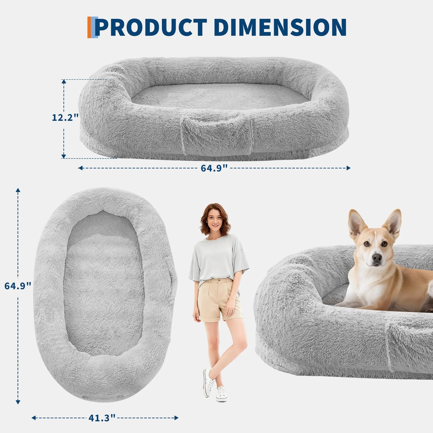 Oversized Human & Pet Shared Bed Plush Fleece Cozy Nest With Elevated Headrest Waterproof Lining Non-Slip Bottom Orthopedic Bed