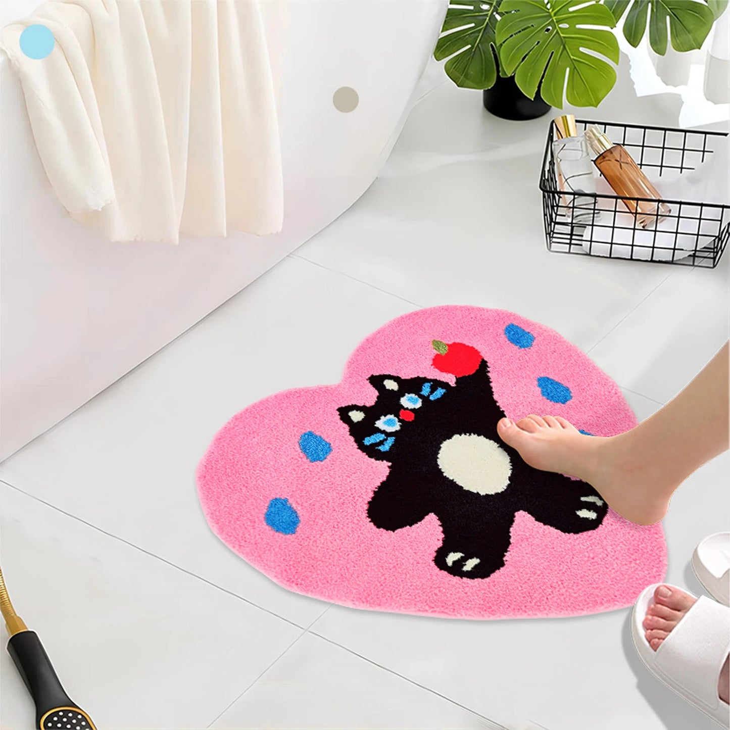 Cute Paw Print Non-Slip Door Mat Heart-Shaped Entrance Rug for Home Decor Absorbent Cat Theme Bathroom Carpet