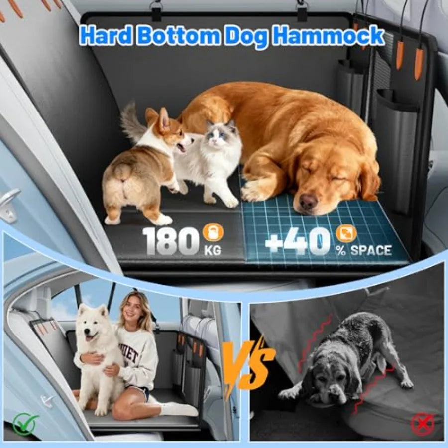 Dog Car Seat Cover with Hard Bottom PU Leather for Back Seat Extender Pet Hammock Bed for Cars SUVs Holds 400lbs Mesh Window Po