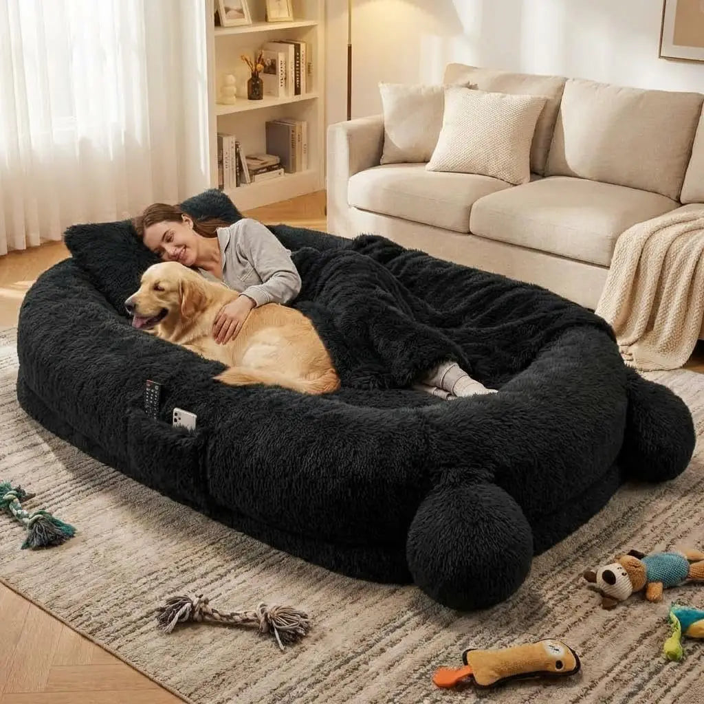Garvee 71" x 45" Human-Sized Dog Bed, Large Orthopedic Pet Bean Bed with 2 Storage Pockets, Fluffy Faux Fur Bed for Adults & Giant Pets Black