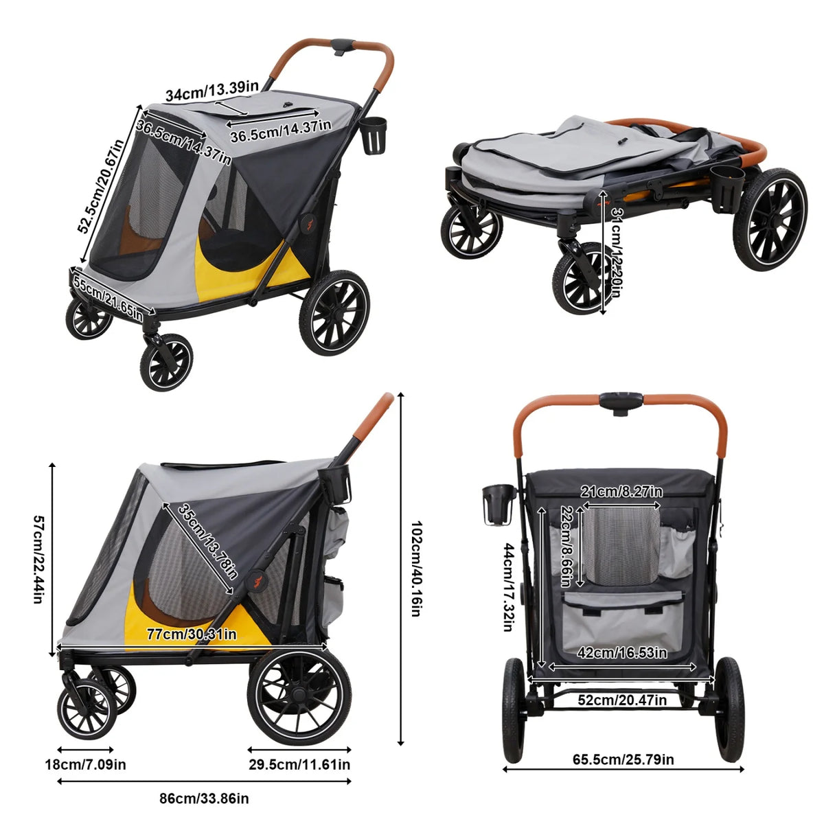 4 Wheels Dog Stroller for Large Dogs Up to 42kg One-click Folding Pet Carrier Stroller Jogger Cart with Storage Pockets