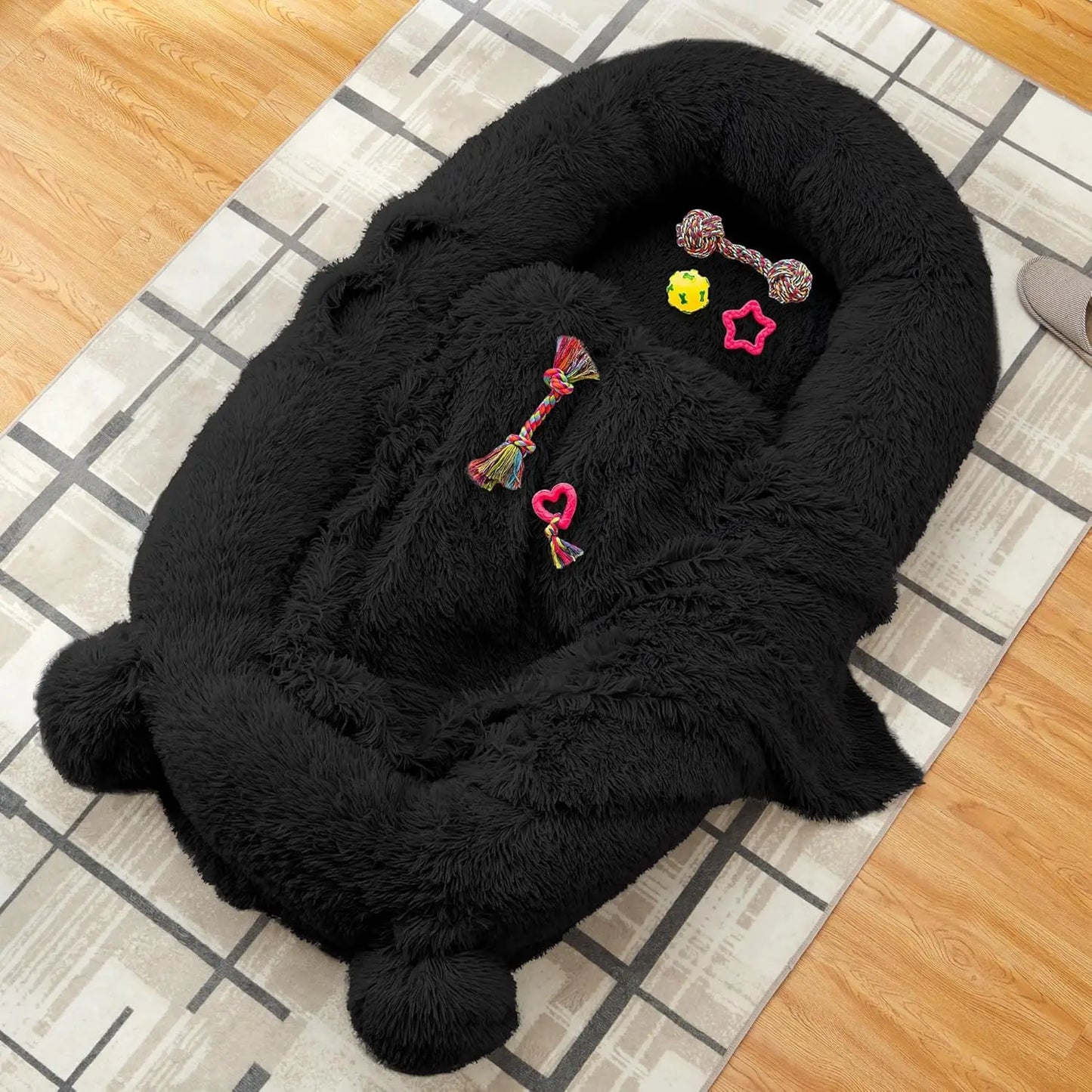 Garvee 71" x 45" Human-Sized Dog Bed, Large Orthopedic Pet Bean Bed with 2 Storage Pockets, Fluffy Faux Fur Bed for Adults & Giant Pets Black