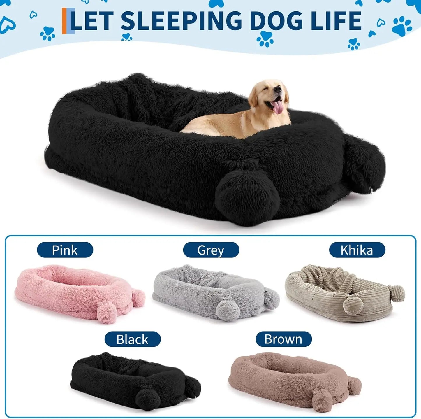 Garvee 71" x 45" Human-Sized Dog Bed, Large Orthopedic Pet Bean Bed with 2 Storage Pockets, Fluffy Faux Fur Bed for Adults & Giant Pets Black