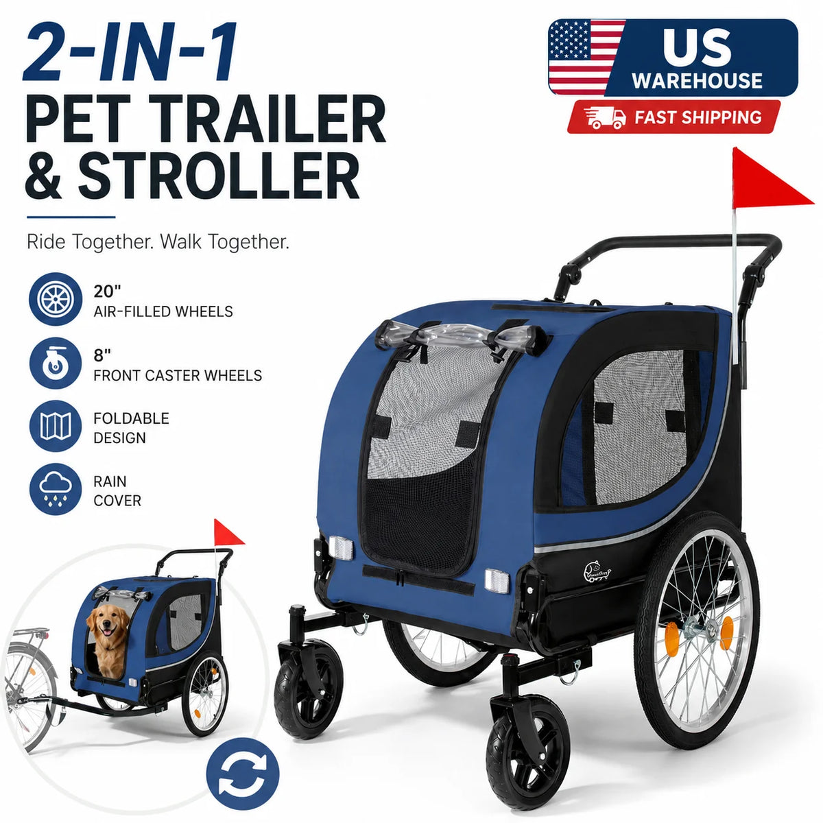 2-in-1 Bike Trailer & Pet Stroller for Dogs up to 100lbs, Foldable Large Dog Carrier Cart with 20 Inch Air-Filled Wheels, 8 Inch Front Caster Wheels, Breathable Mesh Windows, PVC Rain Cover, Quick Release Wheels, Heavy Duty F