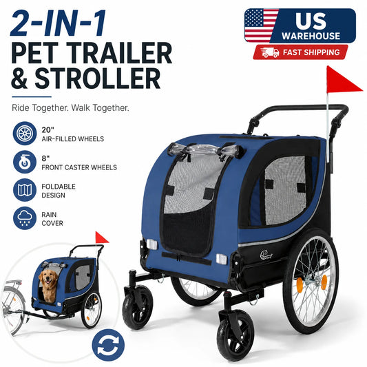 2-in-1 Bike Trailer & Pet Stroller for Dogs up to 100lbs, Foldable Large Dog Carrier Cart with 20 Inch Air-Filled Wheels, 8 Inch Front Caster Wheels, Breathable Mesh Windows, PVC Rain Cover, Quick Release Wheels, Heavy Duty F