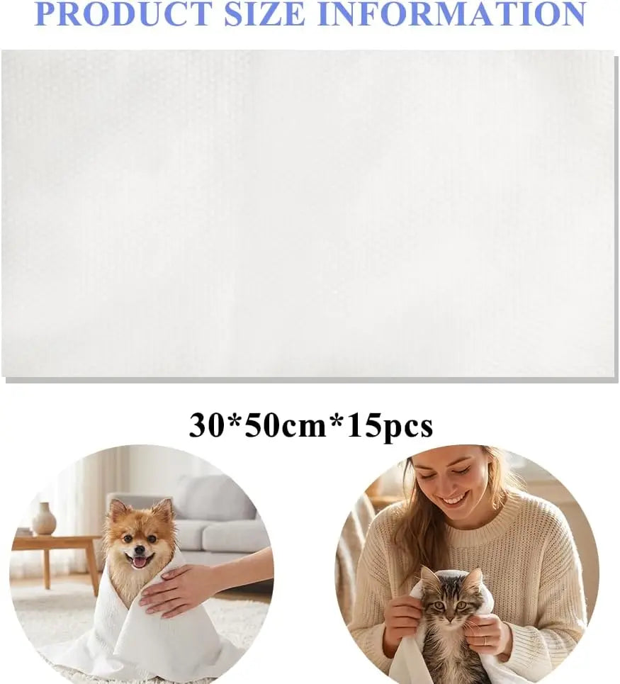 Disposable Pet Bath Towel, 15-Pack, 11.8x21.6in, Absorbent & Soft for Small Dogs, Puppies, Cats