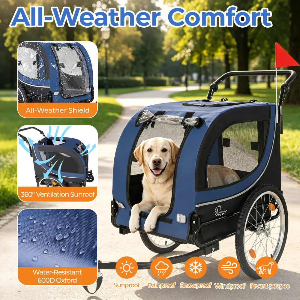 2-in-1 Bike Trailer & Pet Stroller for Dogs up to 100lbs, Foldable Large Dog Carrier Cart with 20 Inch Air-Filled Wheels, 8 Inch Front Caster Wheels, Breathable Mesh Windows, PVC Rain Cover, Quick Release Wheels, Heavy Duty F