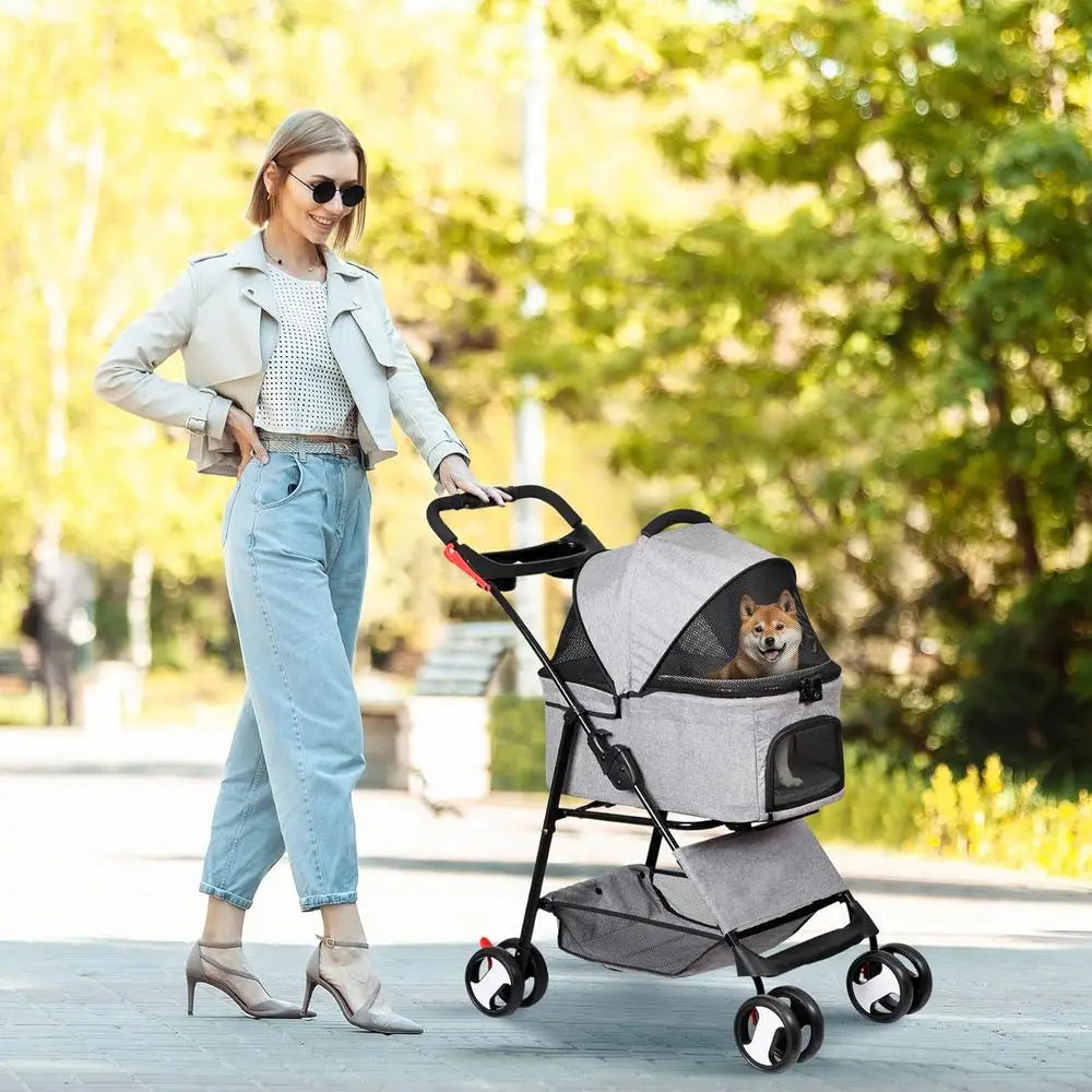 Pet Stroller, 3 in1 oldable Dog Cat Jogger Stroller with 4 Wheels, Detachable Basket and Cup Holder, Travel olding Carrier or Sm
