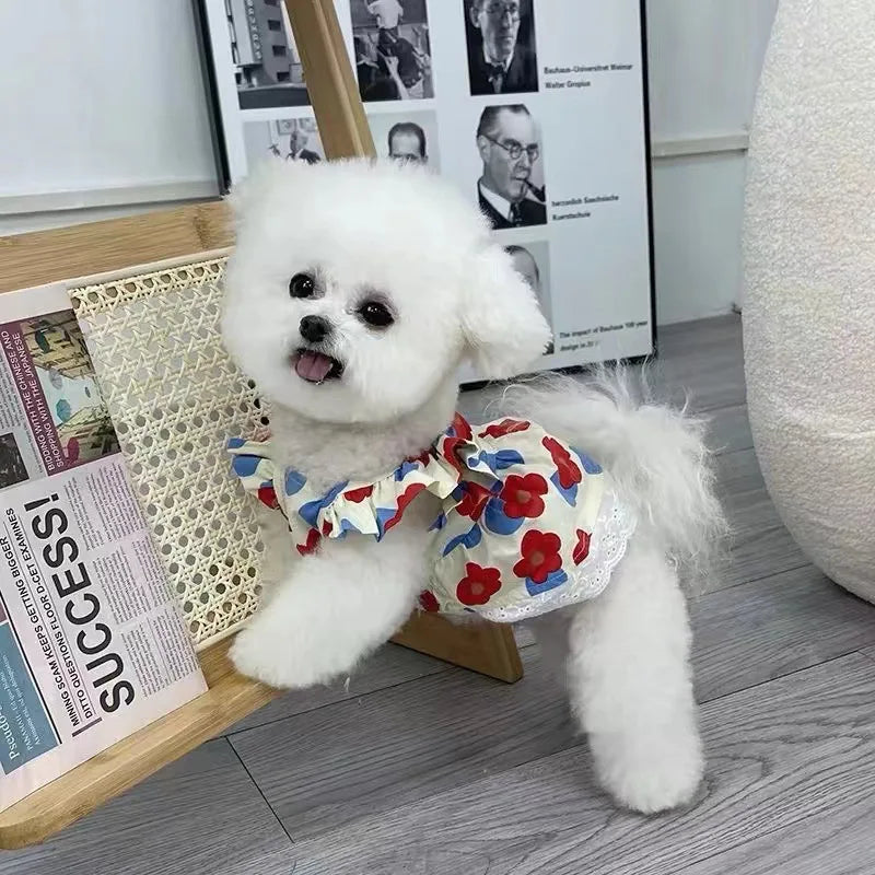 Summer new floral flutter sleeve vest dress, dog pet clothes for Teddy Bichon, cute clothes for puppies and cats, breathable pri