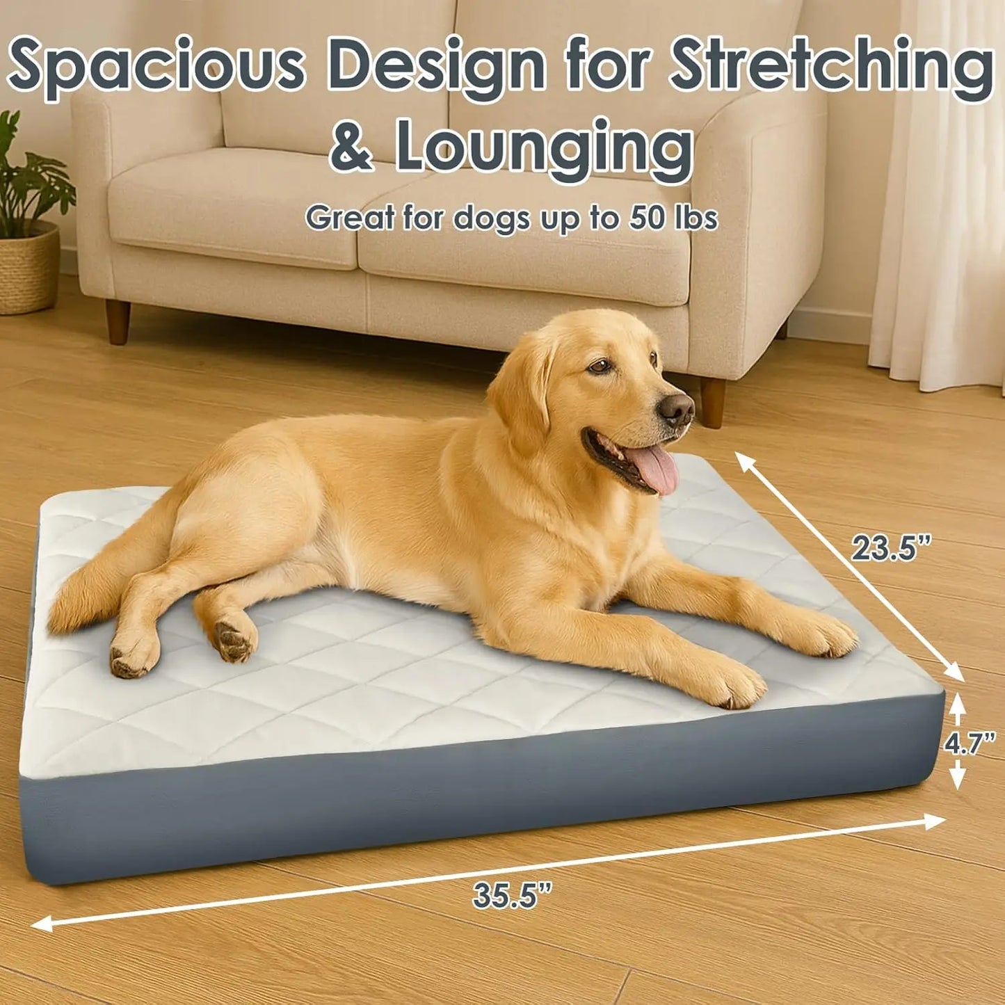 Large Orthopedic Dog Bed 35.5x23.5x4.7in, Waterproof Faux Leather with Memory Foam, Non-Slip Base for Medium & Large Dogs