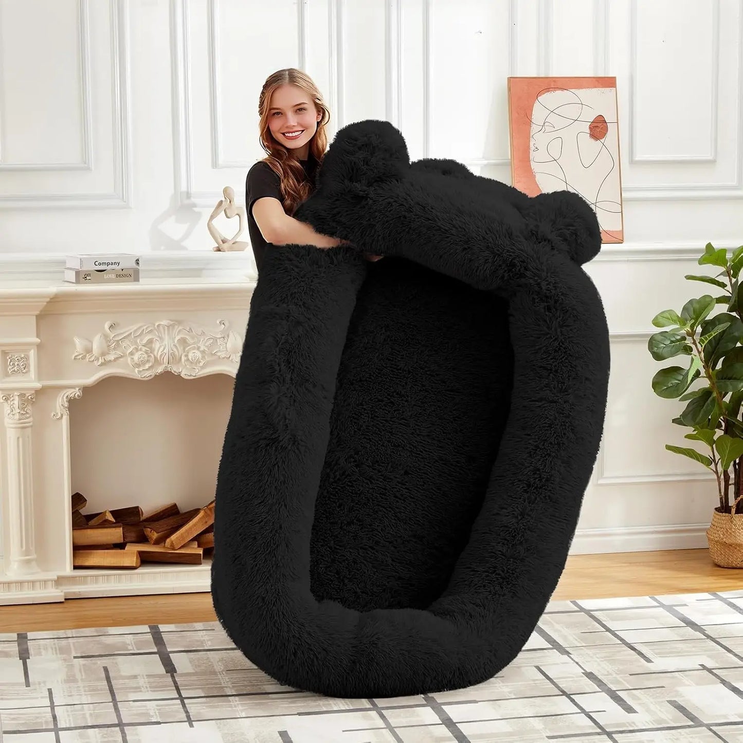 Garvee 71" x 45" Human-Sized Dog Bed, Large Orthopedic Pet Bean Bed with 2 Storage Pockets, Fluffy Faux Fur Bed for Adults & Giant Pets Black