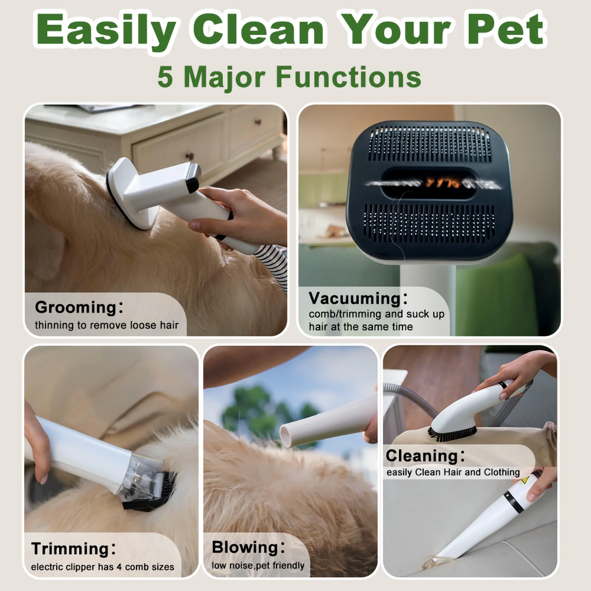 5-in-1 Pet Grooming Kit Professional Dog Hair Clipper Vacuum Dryer Low Noise Pet Grooming Trimmer Set with Multi Tools Professional Pet Grooming Vacuum Kit for Dogs Cats Hair Shedding Cleaning