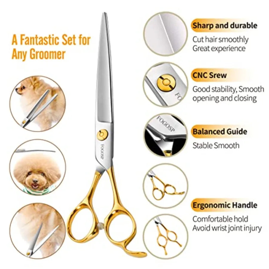 Dog grooming scissors kit for professional pet care: 7-inch curved, thinning, straight, and chunker shears in gold finish