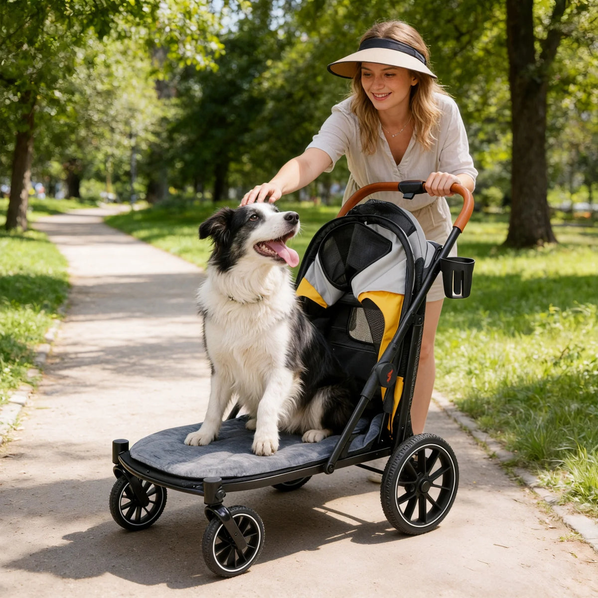 4 Wheels Dog Stroller for Large Dogs Up to 42kg One-click Folding Pet Carrier Stroller Jogger Cart with Storage Pockets
