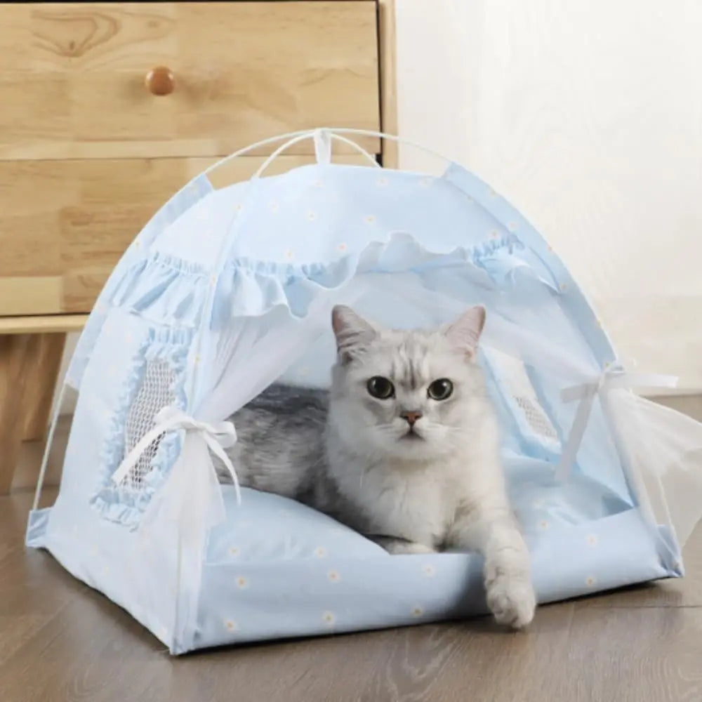 Selena Cat Bed Tents Dog House Indoor Outdoor Lace Mesh Breathable Windows Door Curtains Removable Portable Nest Teepe House (Small,Pink(Ruffled Teim))