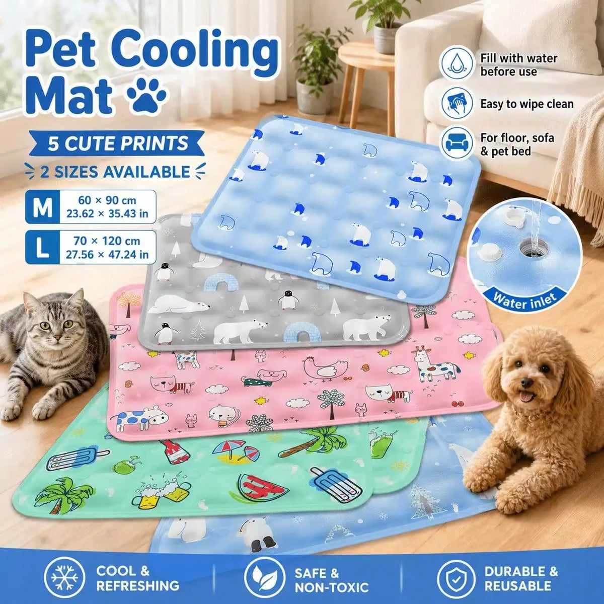 Pet Water Filled Cooling Mat for Small Medium Large Dogs Cats, Multi Color Summer Cool Pad, Works with Dry Ice Powder
