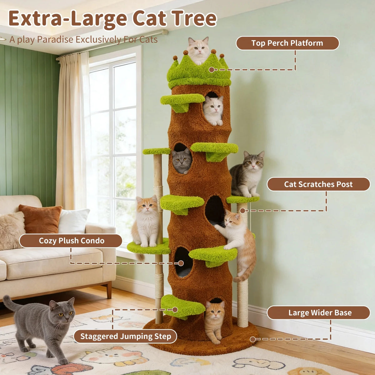 Heavy Duty Cat Tree 187CM Tall Sturdy Cat Tower Crown-shaped Top Perch Sisal Scratching Post Plush Cave for Multiple Cats Cat Climbing Tree Activity Center