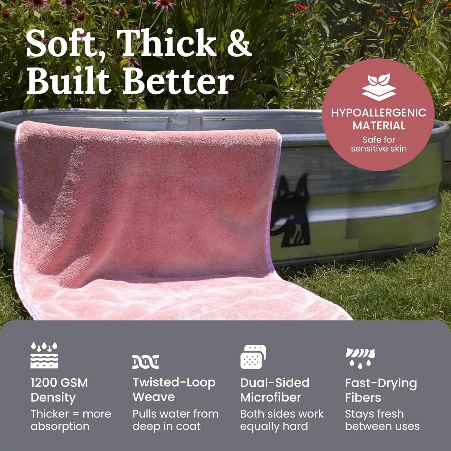 Extra Large 24x35 Microfiber Dog Drying Towel, 1200 GSM Ultra Absorbent Quick Dry for Bath Beach Travel Pink