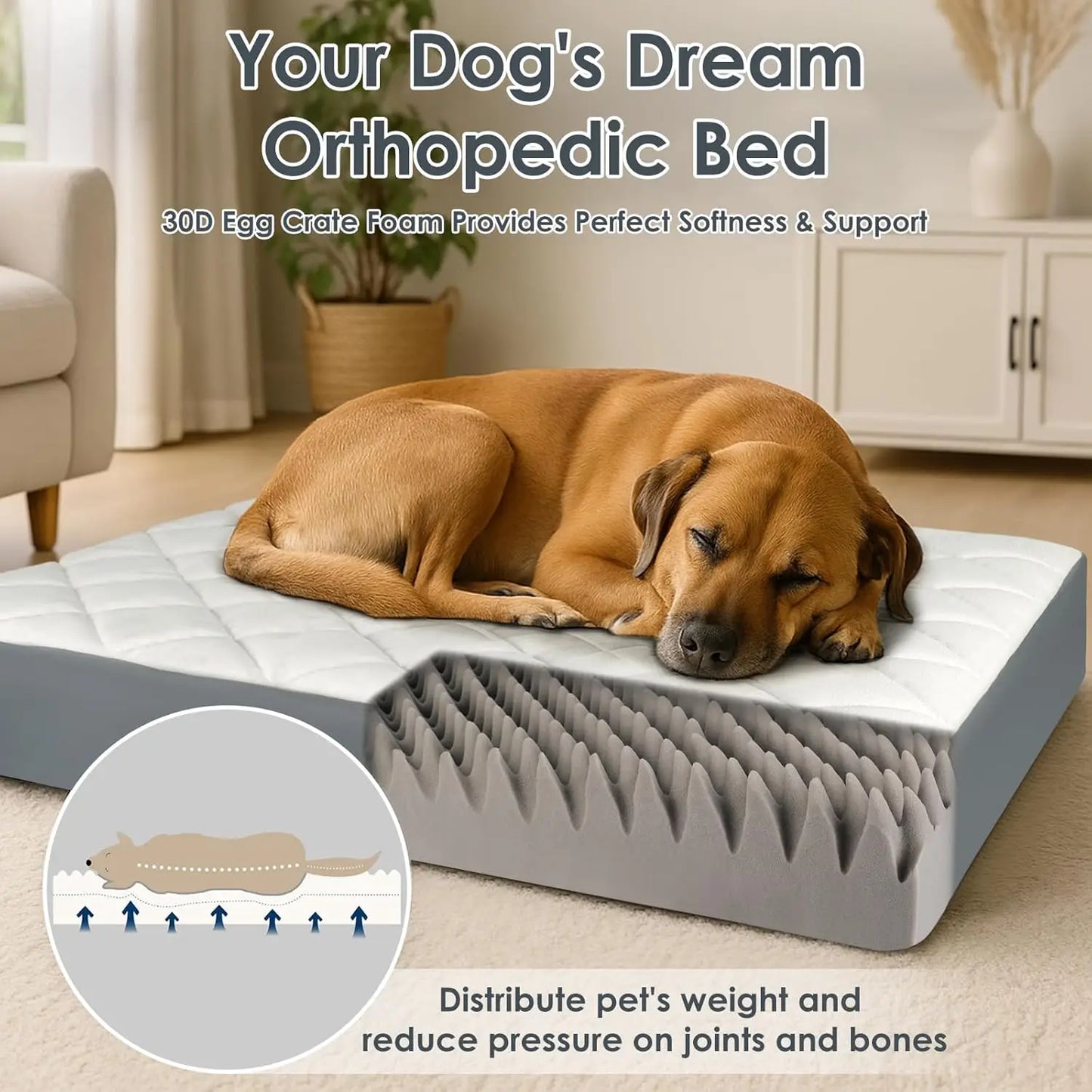 Large Orthopedic Dog Bed 35.5x23.5x4.7in, Waterproof Faux Leather with Memory Foam, Non-Slip Base for Medium & Large Dogs