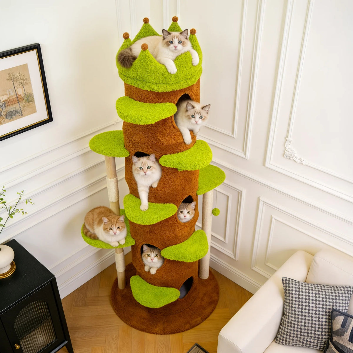 Heavy Duty Cat Tree 187CM Tall Sturdy Cat Tower Crown-shaped Top Perch Sisal Scratching Post Plush Cave for Multiple Cats Cat Climbing Tree Activity Center