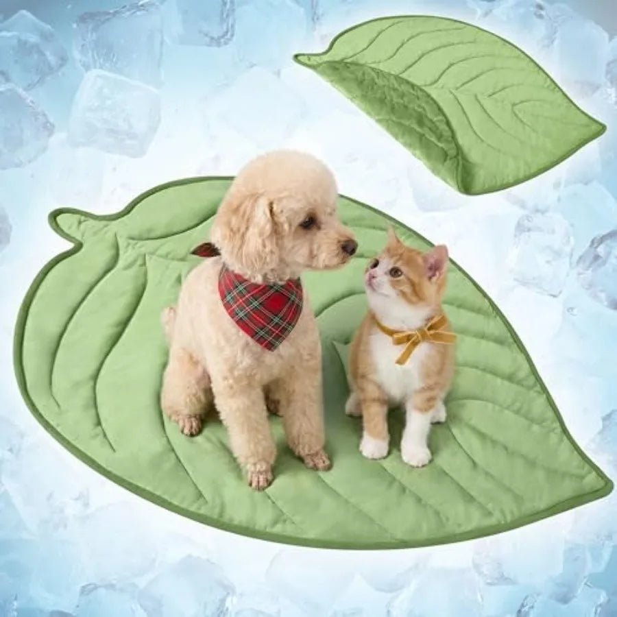 Dog Cooling Mat, Leaf Shape, Pet Pad with Cooling Nylon and Soft Fleece,  Reversible All Season Blanket for Dogs and