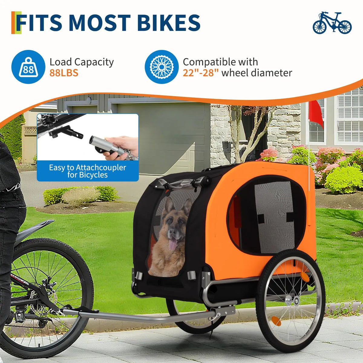 Dog Bike Trailer,88 lbs Pet Cart with Quick Release Wheels & Foldable Frame– Waterproof 600D Oxford Cover – Mesh Windows – Easy Assembly – for Small to Medium Pets