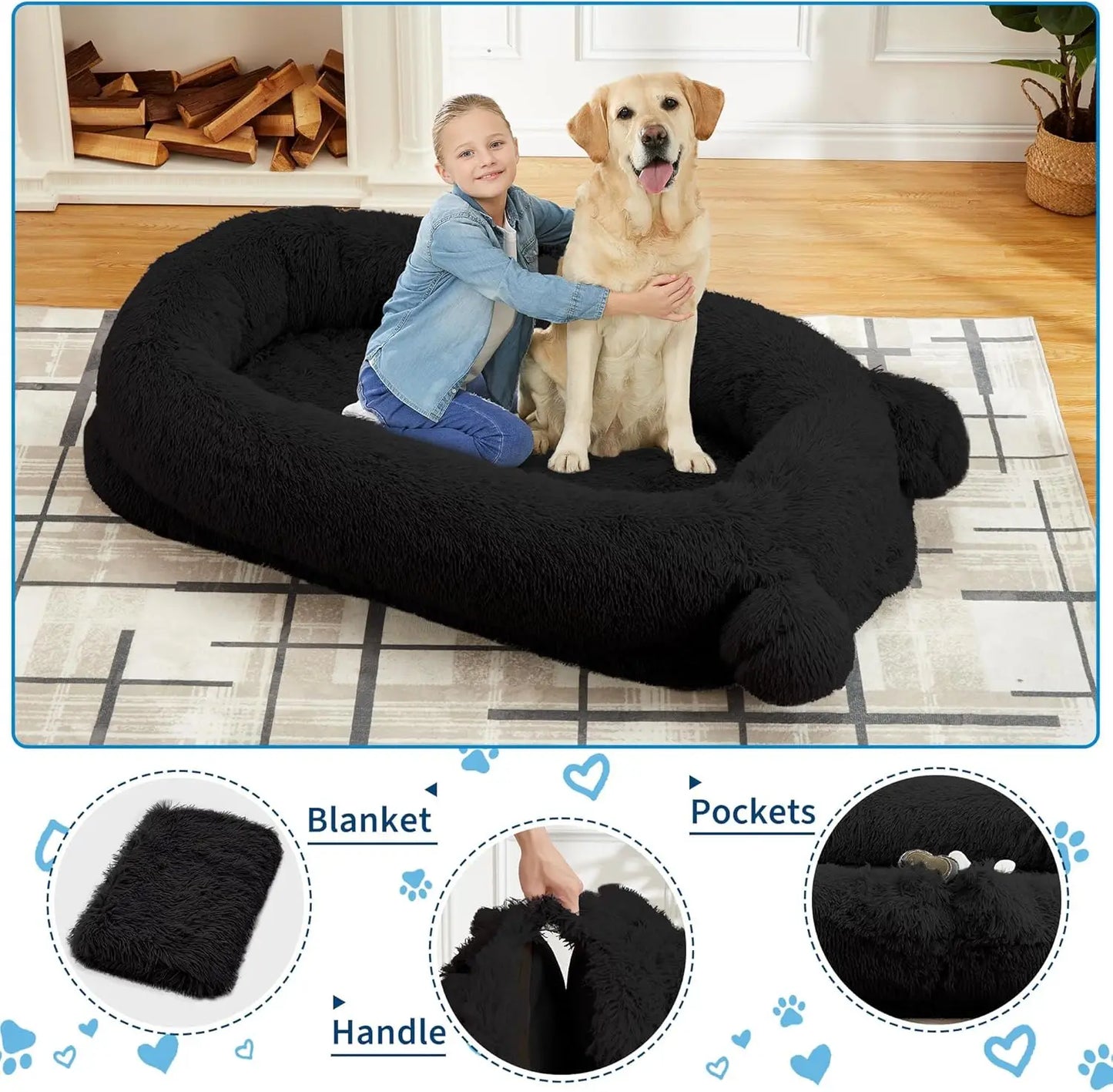 Garvee 71" x 45" Human-Sized Dog Bed, Large Orthopedic Pet Bean Bed with 2 Storage Pockets, Fluffy Faux Fur Bed for Adults & Giant Pets Black