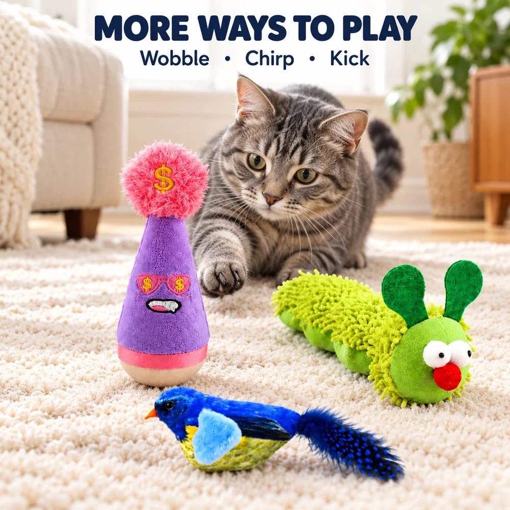 Zoe Interactive Game Cat Toys For Indoor Cats With Wobble Toy Soft Caterpillar And Chirping Bird For Batting Pouncing Kicking And Daily Play