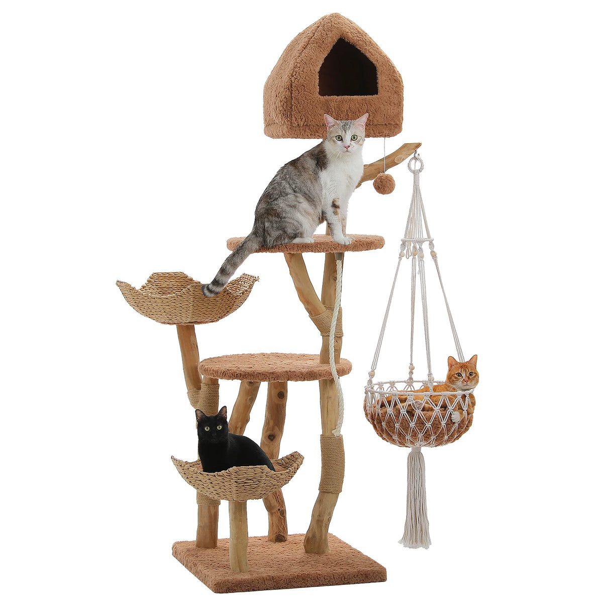 Modern Cat Tree with Solid Wood Scratching Posts Swing Hammock Large Cat Condo Wood Tall Cat Tower for Indoor with 2 Woven Basket Boho Luxury Pet Furniture Cat Toys