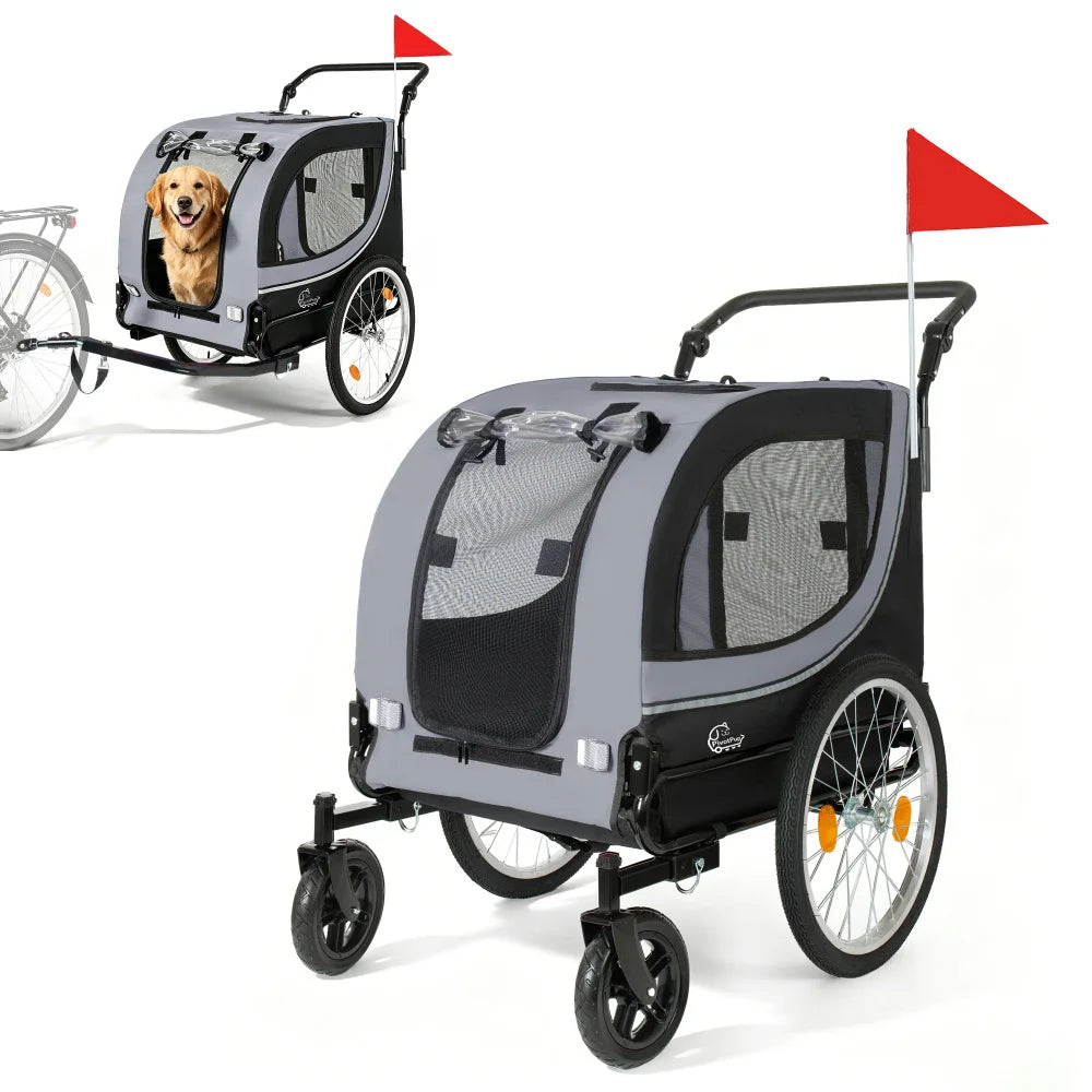 2-in-1 Bike Trailer & Pet Stroller for Dogs up to 100lbs, Foldable Large Dog Carrier Cart with 20 Inch Air-Filled Wheels, 8 Inch Front Caster Wheels, Breathable Mesh Windows, PVC Rain Cover, Quick Release Wheels, Heavy Duty F