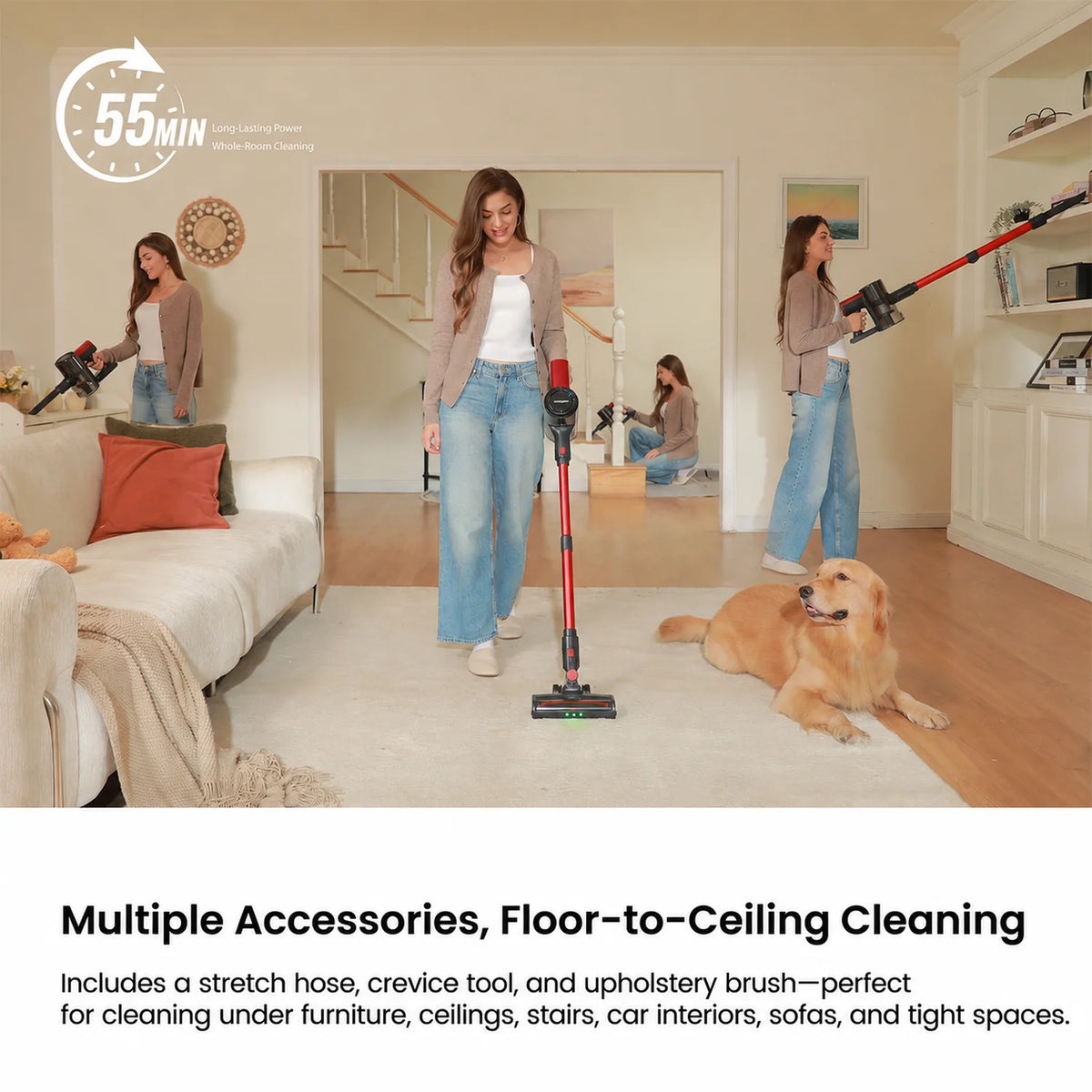 MONSGA by erabros M100 55KPA 450W Cordless Vacuum Cleaner, Vertical Vacuum Cleaner Anti-Tangle Brush, Handheld Stick Vacuum Cleaner for Home, Pet Hair, Carpet and Hard Floors