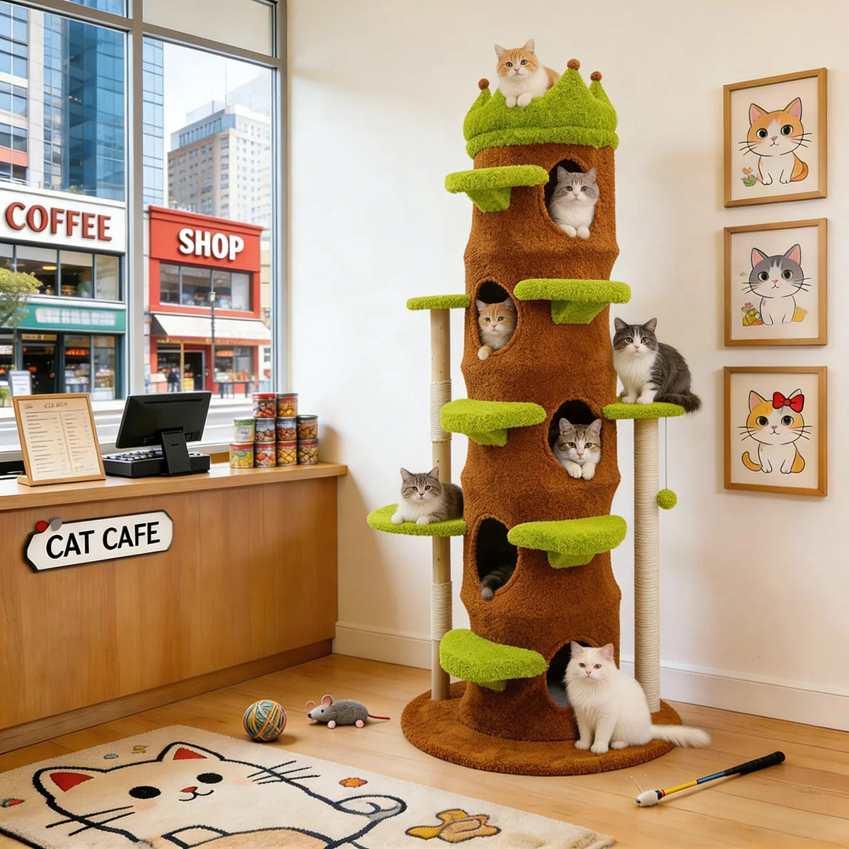Heavy Duty Cat Tree 187CM Tall Sturdy Cat Tower Crown-shaped Top Perch Sisal Scratching Post Plush Cave for Multiple Cats Cat Climbing Tree Activity Center