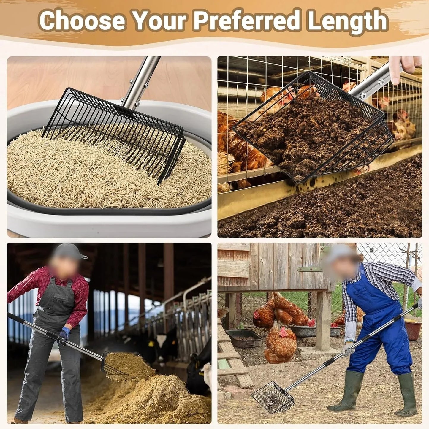 Extendable Cat Litter Scoop & Chicken Coop Rake, Retractable Waste Cleaning Tool For Cat Litter Box, Coop, Garden