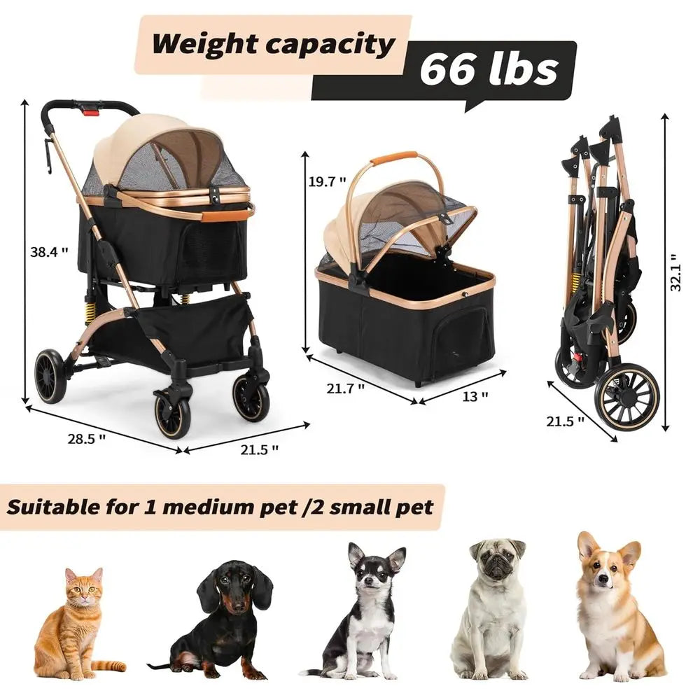Dog Stroller or Pets, One Hand old Puppy Stroller with 6 Shock Absorbers, Removable Cabin & Storage Basket, 4 Wheels Dual Brakes