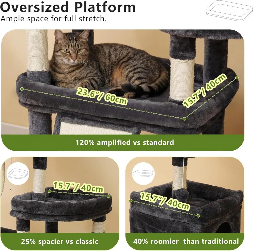 72.4-Inch Anti-Tip Cat Tower for Large Cats, All-in-One Cat Furniture with Spacious Perches, Multiple Interactive Areas, Extra-Large Sisal Scratching Board