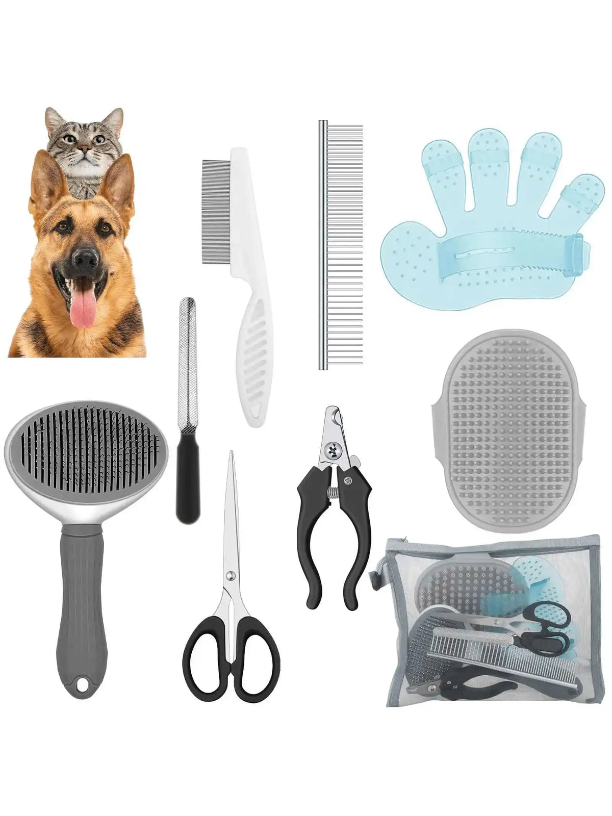 9pcs Dog Grooming Brush Deshedding Kit - Self-Cleaning Slicker Brush, Dematting Rake, Flea Comb, Nail Clippers & File, Pet Grooming Tools With Adjustable Strap And Scissors, For Dogs