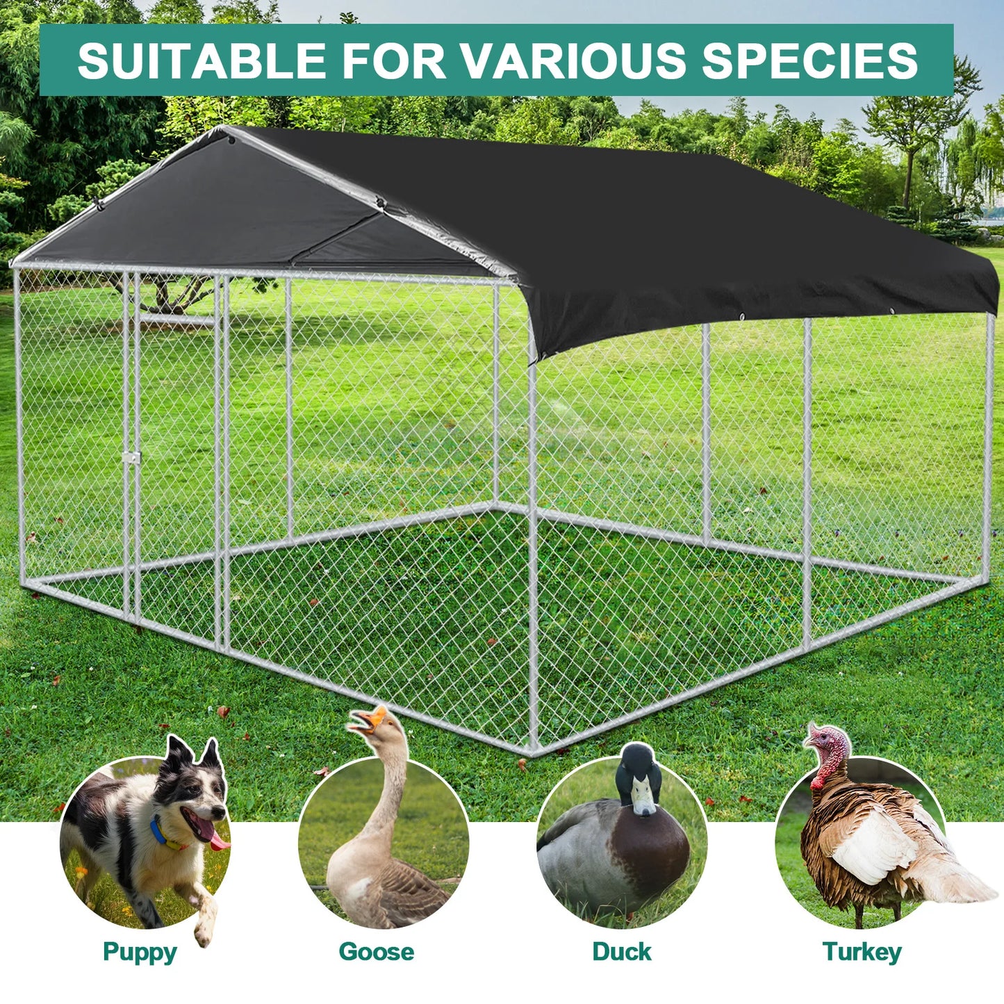 Heavy Duty Metal Outdoor Dog Run Kennel, Large Pet Playpen Enclosure with Roof Shade Cover, Sturdy Anti-rust Dog Cage House