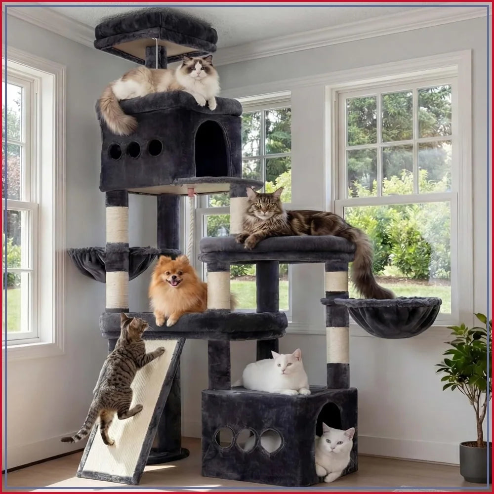 72.4-Inch Anti-Tip Cat Tower for Large Cats, All-in-One Cat Furniture with Spacious Perches, Multiple Interactive Areas, Extra-Large Sisal Scratching Board