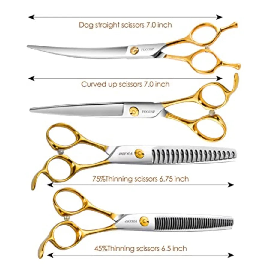 Dog grooming scissors kit for professional pet care: 7-inch curved, thinning, straight, and chunker shears in gold finish