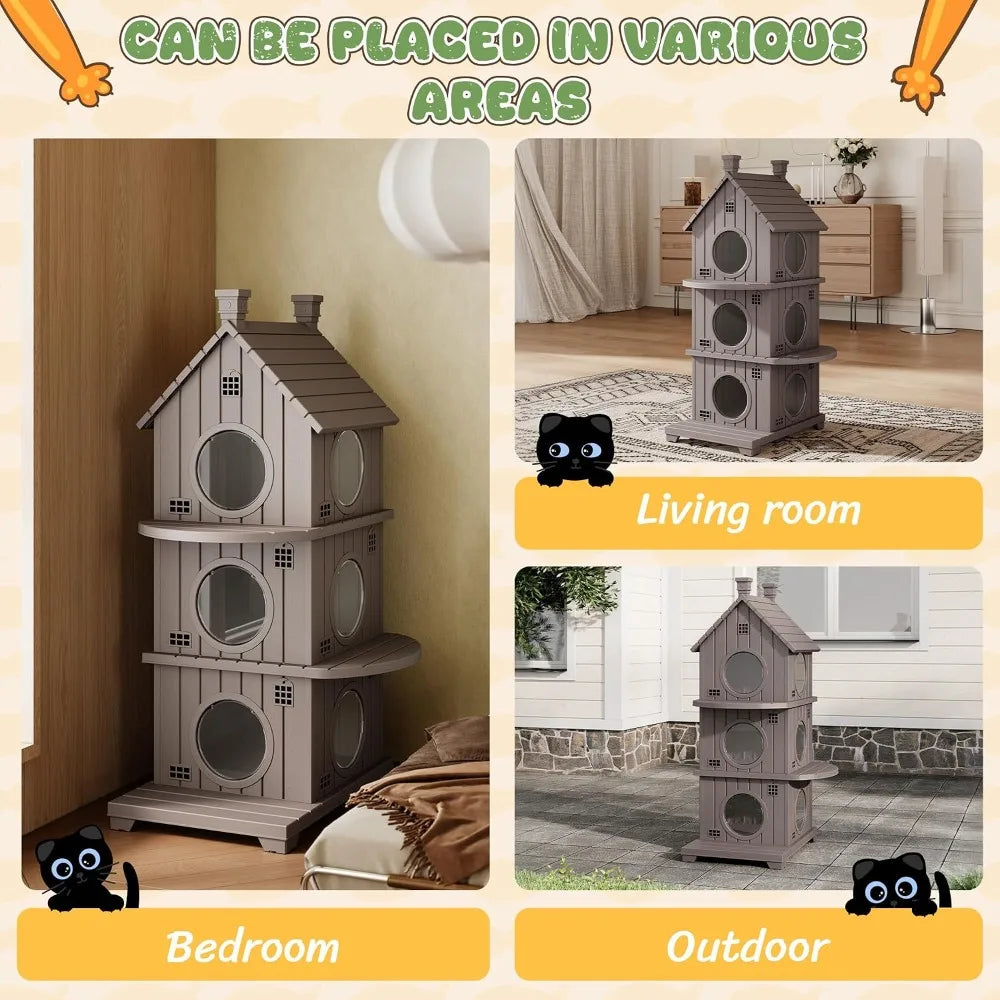 Outdoor Cat House Weatherproof, Durable Resin Cat Houses for Outdoor Indoor Cats, Litter Box Enclosure with Elevated Base, Anti-Slip Pad, Ventilation, Three-Story, Taupe Grey